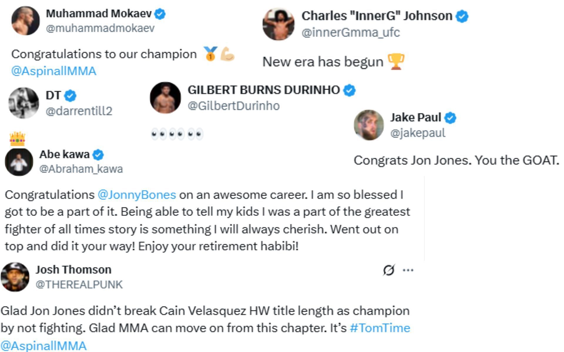 Screenshots of pro fighters and MMA figures reacting to Jones' retirement